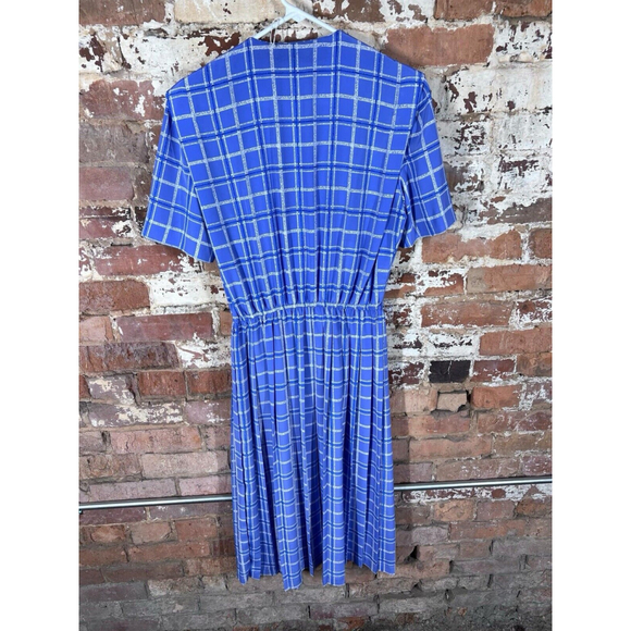 Leslie Fay Womens Blue Plaid Midi Dress Short Sleeve Button Front Vintage 10 - Picture 2 of 4